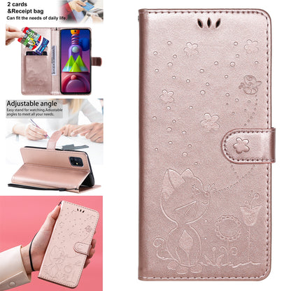 For Samsung Galaxy M51 Cat and Bee Embossed Flip Leather Phone Case Wallet Cover with Card Slots Cash Pocket Magnetic Stand Protective Shockproof TPU PU Leather Case with Wrist Strap