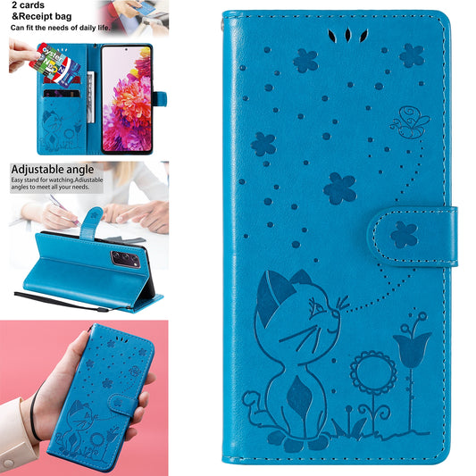 For Samsung Galaxy S20 FE Cat and Bee Embossed Flip Leather Phone Case Wallet Cover with Card Slots Cash Pocket Magnetic Stand Protective Shockproof TPU PU Leather Case with Wrist Strap