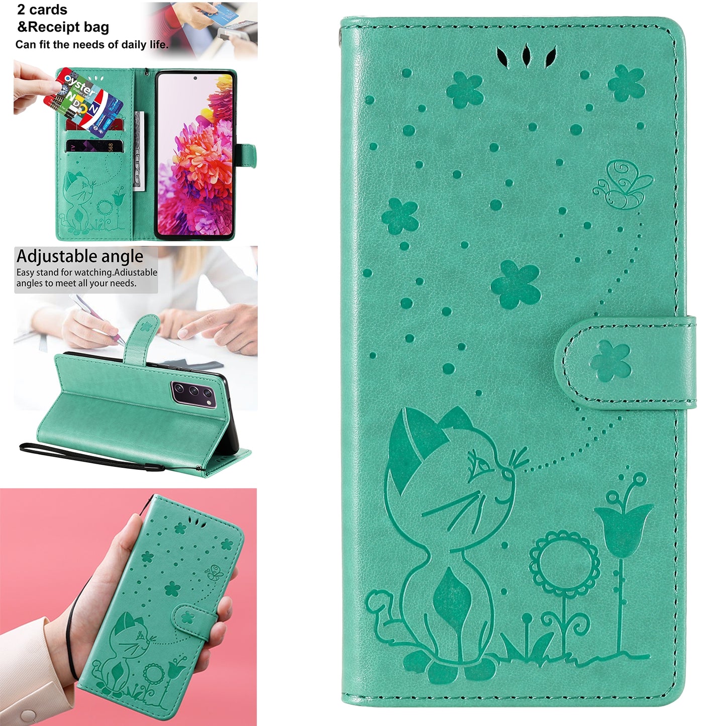 For Samsung Galaxy S20 FE Cat and Bee Embossed Flip Leather Phone Case Wallet Cover with Card Slots Cash Pocket Magnetic Stand Protective Shockproof TPU PU Leather Case with Wrist Strap