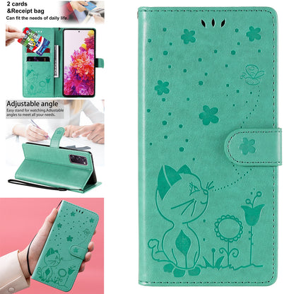 For Samsung Galaxy S20 FE Cat and Bee Embossed Flip Leather Phone Case Wallet Cover with Card Slots Cash Pocket Magnetic Stand Protective Shockproof TPU PU Leather Case with Wrist Strap
