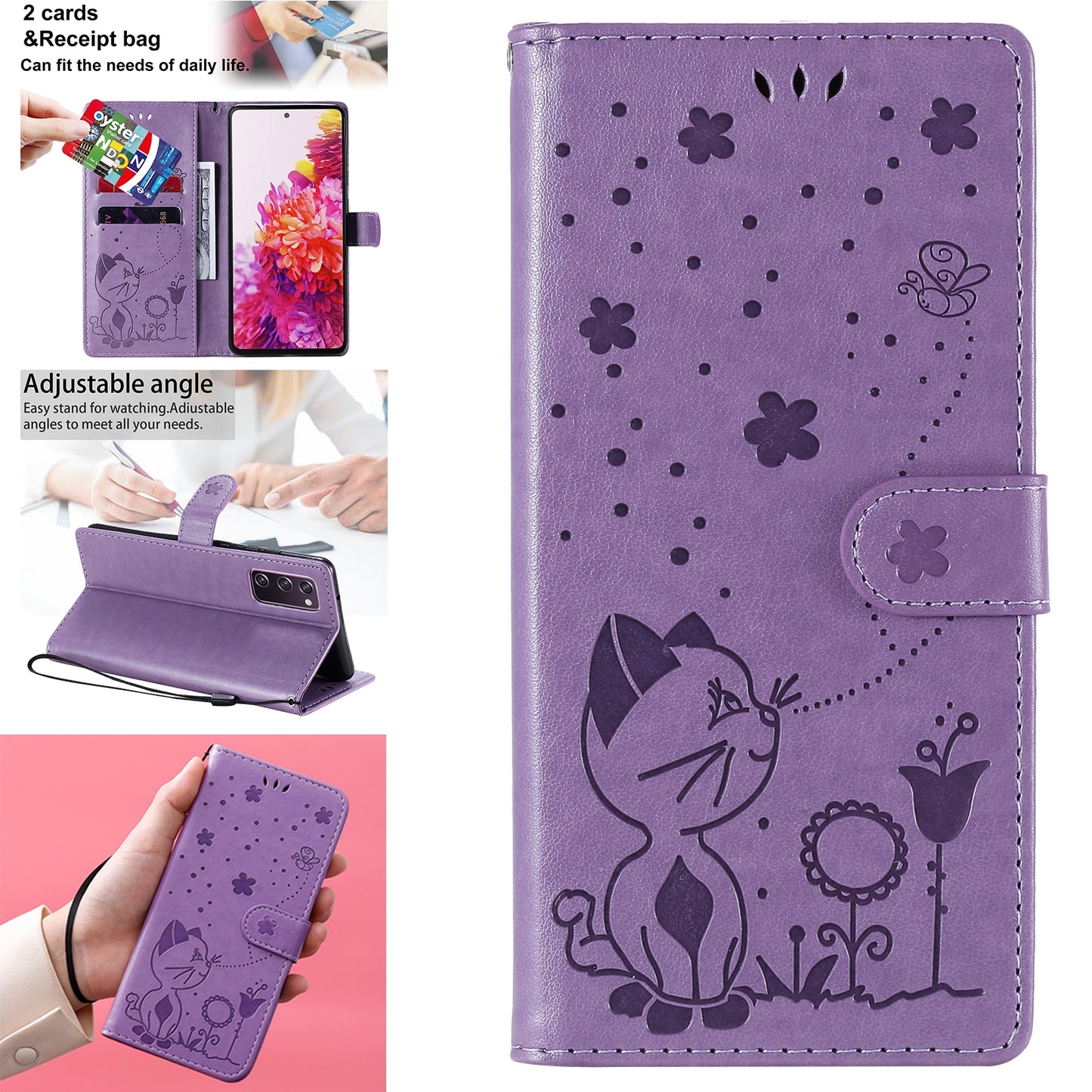 For Samsung Galaxy S20 FE Cat and Bee Embossed Flip Leather Phone Case Wallet Cover with Card Slots Cash Pocket Magnetic Stand Protective Shockproof TPU PU Leather Case with Wrist Strap