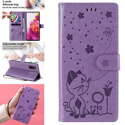 For Samsung Galaxy S20 FE Cat and Bee Embossed Flip Leather Phone Case Wallet Cover with Card Slots Cash Pocket Magnetic Stand Protective Shockproof TPU PU Leather Case with Wrist Strap