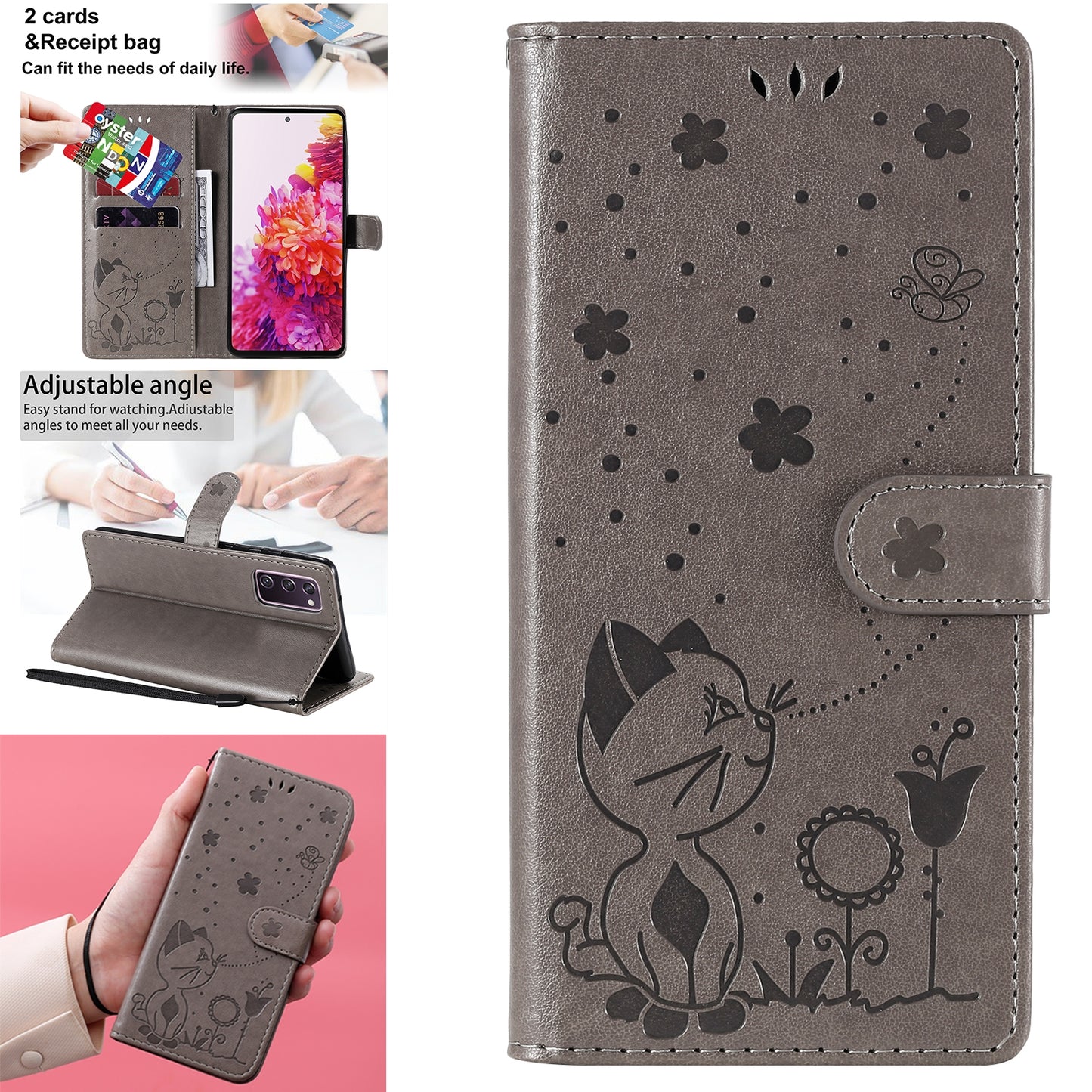 For Samsung Galaxy S20 FE Cat and Bee Embossed Flip Leather Phone Case Wallet Cover with Card Slots Cash Pocket Magnetic Stand Protective Shockproof TPU PU Leather Case with Wrist Strap