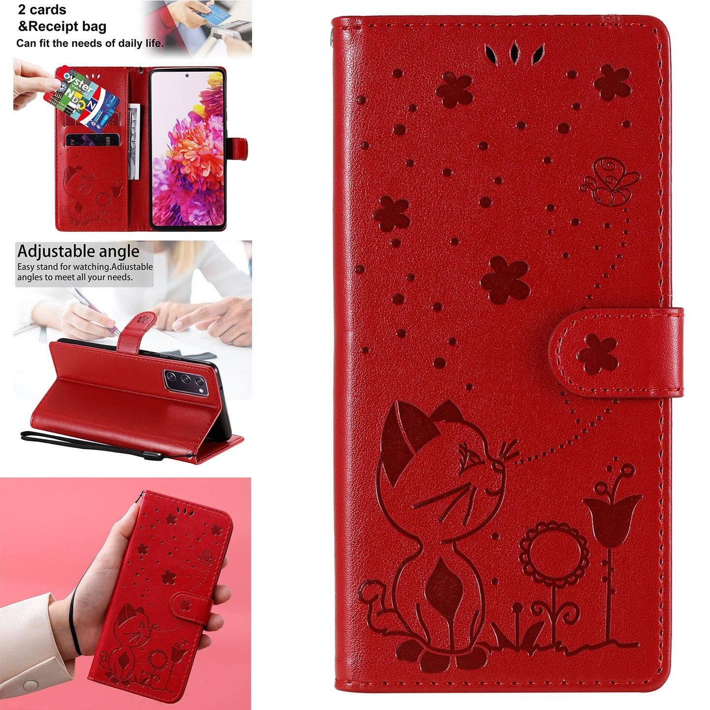 For Samsung Galaxy S20 FE Cat and Bee Embossed Flip Leather Phone Case Wallet Cover with Card Slots Cash Pocket Magnetic Stand Protective Shockproof TPU PU Leather Case with Wrist Strap