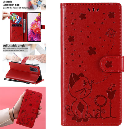 For Samsung Galaxy S20 FE Cat and Bee Embossed Flip Leather Phone Case Wallet Cover with Card Slots Cash Pocket Magnetic Stand Protective Shockproof TPU PU Leather Case with Wrist Strap