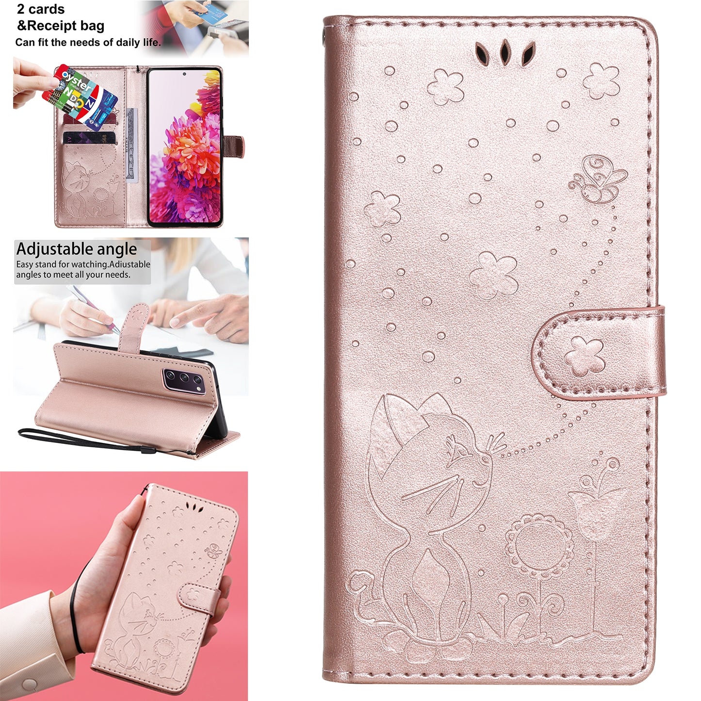 For Samsung Galaxy S20 FE Cat and Bee Embossed Flip Leather Phone Case Wallet Cover with Card Slots Cash Pocket Magnetic Stand Protective Shockproof TPU PU Leather Case with Wrist Strap