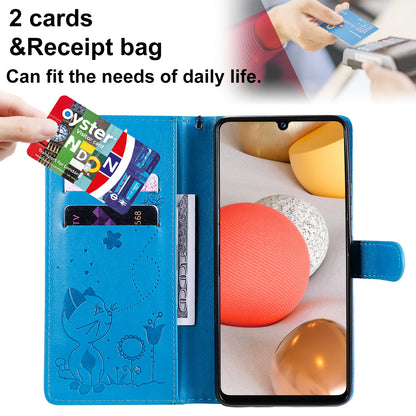 For Samsung Galaxy A42 5G Cat and Bee Embossed Flip Leather Phone Case Wallet Cover with Card Slots Cash Pocket Magnetic Stand Protective Shockproof TPU PU Leather Case with Wrist Strap