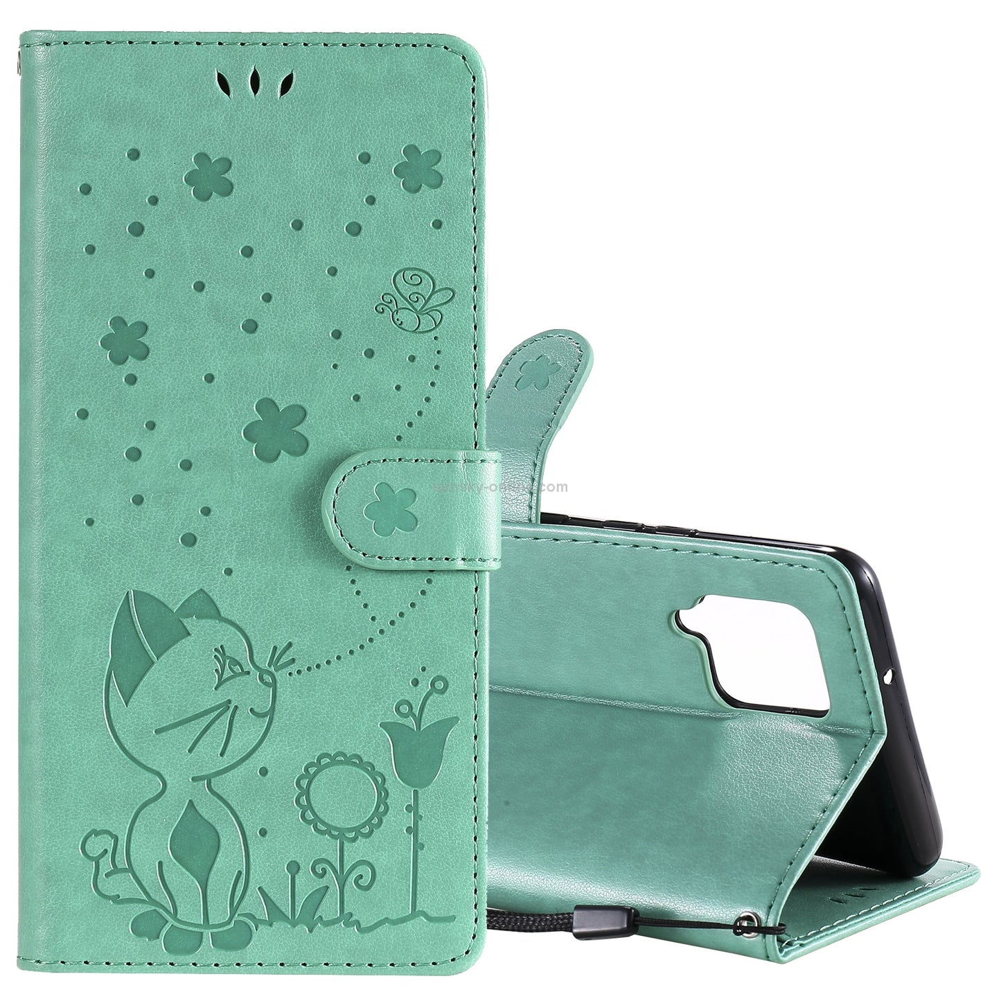 For Samsung Galaxy A42 5G Cat and Bee Embossed Flip Leather Phone Case Wallet Cover with Card Slots Cash Pocket Magnetic Stand Protective Shockproof TPU PU Leather Case with Wrist Strap