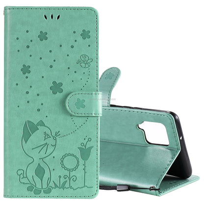 For Samsung Galaxy A42 5G Cat and Bee Embossed Flip Leather Phone Case Wallet Cover with Card Slots Cash Pocket Magnetic Stand Protective Shockproof TPU PU Leather Case with Wrist Strap