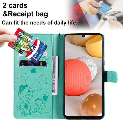 For Samsung Galaxy A42 5G Cat and Bee Embossed Flip Leather Phone Case Wallet Cover with Card Slots Cash Pocket Magnetic Stand Protective Shockproof TPU PU Leather Case with Wrist Strap