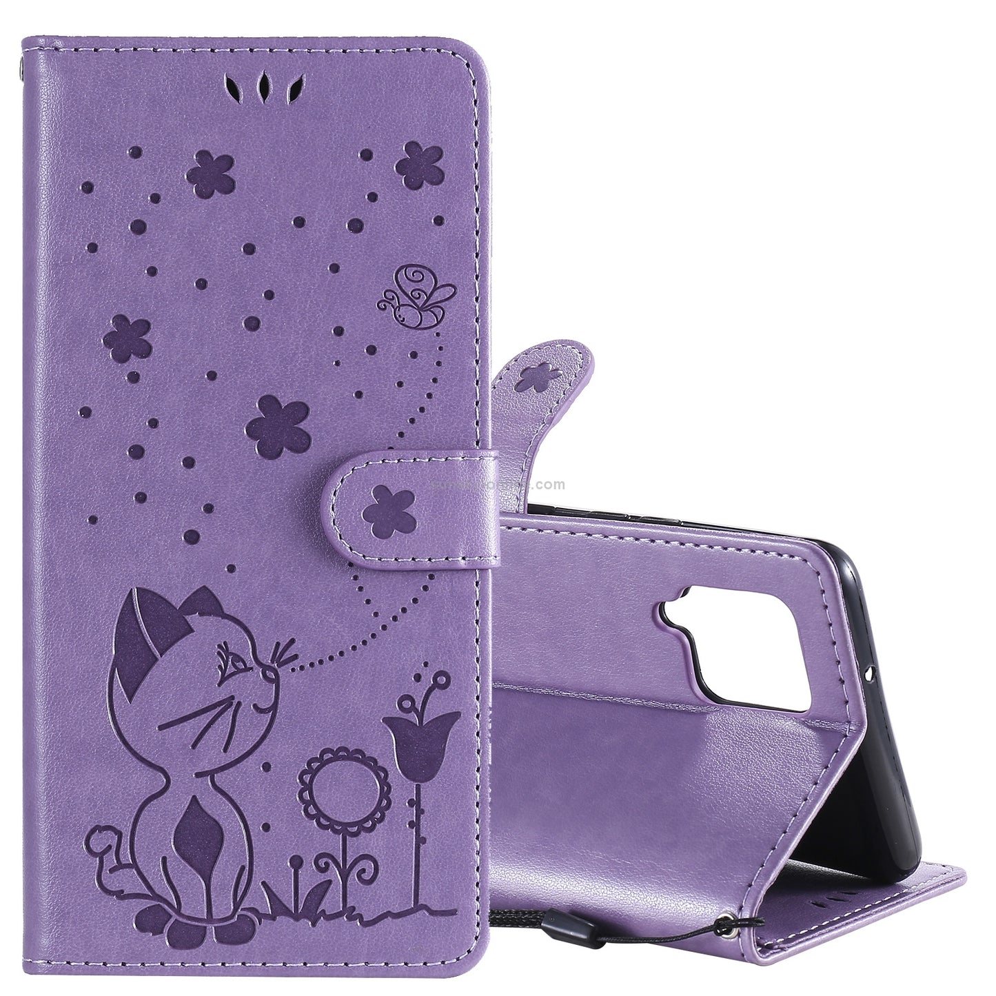 For Samsung Galaxy A42 5G Cat and Bee Embossed Flip Leather Phone Case Wallet Cover with Card Slots Cash Pocket Magnetic Stand Protective Shockproof TPU PU Leather Case with Wrist Strap