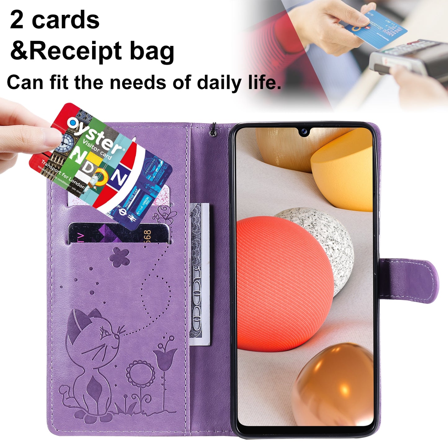 For Samsung Galaxy A42 5G Cat and Bee Embossed Flip Leather Phone Case Wallet Cover with Card Slots Cash Pocket Magnetic Stand Protective Shockproof TPU PU Leather Case with Wrist Strap