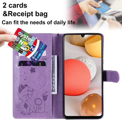 For Samsung Galaxy A42 5G Cat and Bee Embossed Flip Leather Phone Case Wallet Cover with Card Slots Cash Pocket Magnetic Stand Protective Shockproof TPU PU Leather Case with Wrist Strap
