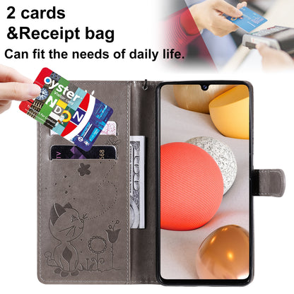 For Samsung Galaxy A42 5G Cat and Bee Embossed Flip Leather Phone Case Wallet Cover with Card Slots Cash Pocket Magnetic Stand Protective Shockproof TPU PU Leather Case with Wrist Strap