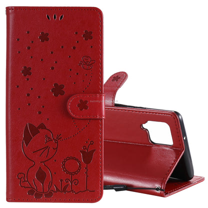 For Samsung Galaxy A42 5G Cat and Bee Embossed Flip Leather Phone Case Wallet Cover with Card Slots Cash Pocket Magnetic Stand Protective Shockproof TPU PU Leather Case with Wrist Strap