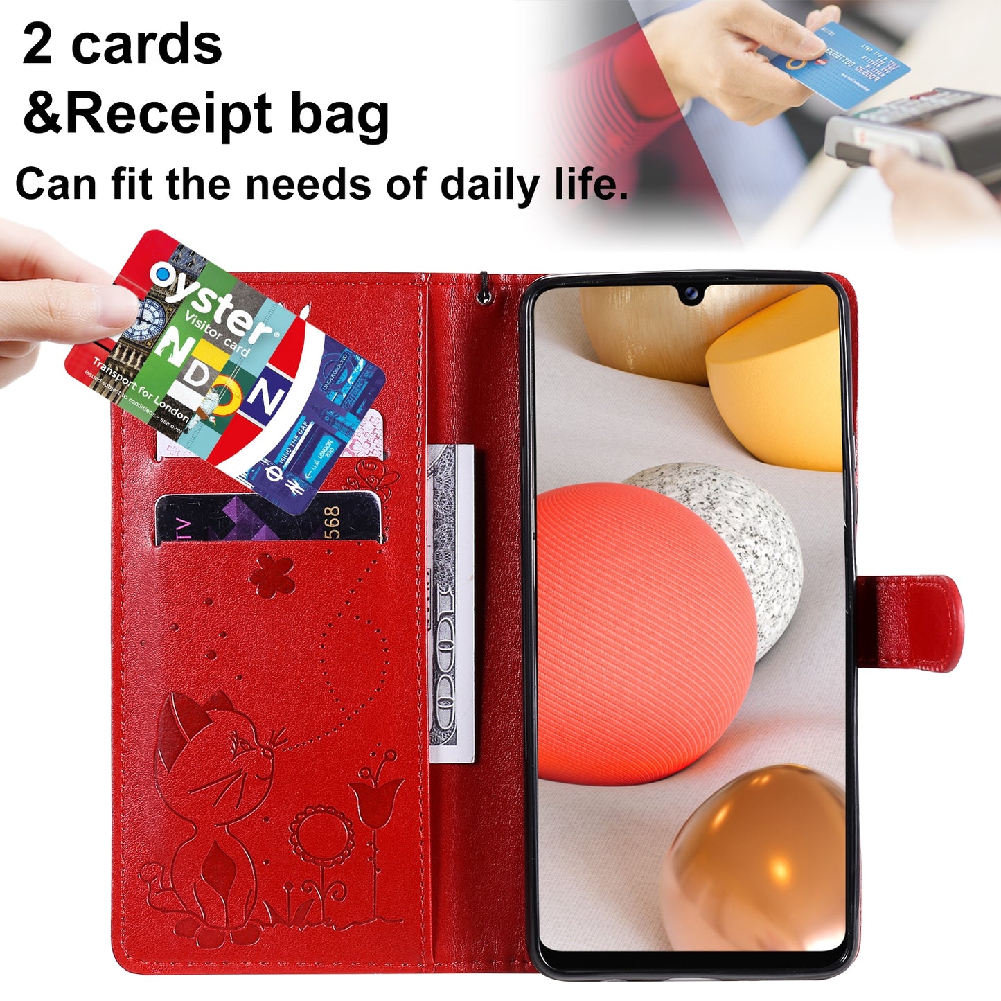 For Samsung Galaxy A42 5G Cat and Bee Embossed Flip Leather Phone Case Wallet Cover with Card Slots Cash Pocket Magnetic Stand Protective Shockproof TPU PU Leather Case with Wrist Strap