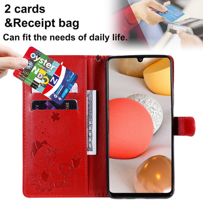 For Samsung Galaxy A42 5G Cat and Bee Embossed Flip Leather Phone Case Wallet Cover with Card Slots Cash Pocket Magnetic Stand Protective Shockproof TPU PU Leather Case with Wrist Strap