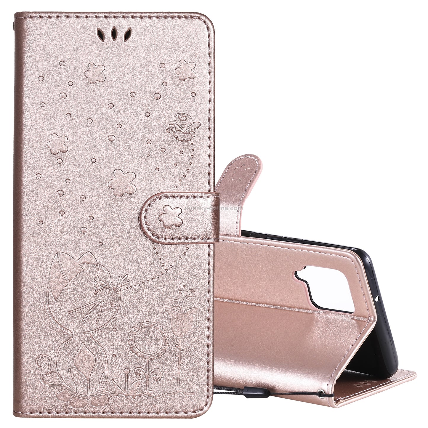 For Samsung Galaxy A42 5G Cat and Bee Embossed Flip Leather Phone Case Wallet Cover with Card Slots Cash Pocket Magnetic Stand Protective Shockproof TPU PU Leather Case with Wrist Strap
