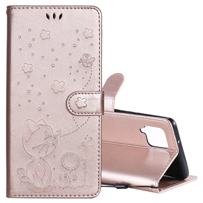 For Samsung Galaxy A42 5G Cat and Bee Embossed Flip Leather Phone Case Wallet Cover with Card Slots Cash Pocket Magnetic Stand Protective Shockproof TPU PU Leather Case with Wrist Strap