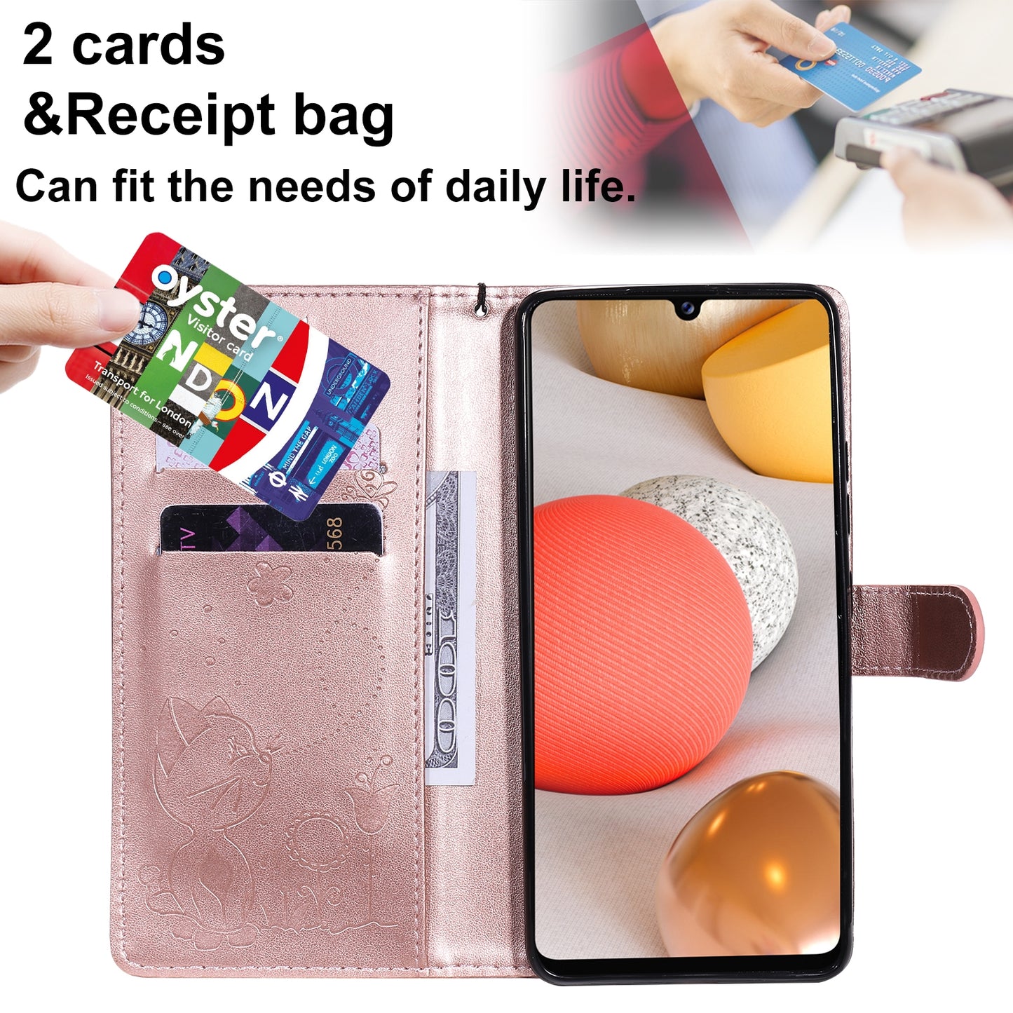 For Samsung Galaxy A42 5G Cat and Bee Embossed Flip Leather Phone Case Wallet Cover with Card Slots Cash Pocket Magnetic Stand Protective Shockproof TPU PU Leather Case with Wrist Strap