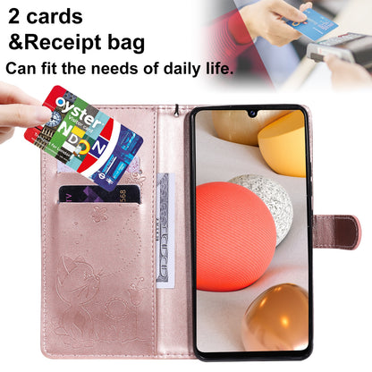 For Samsung Galaxy A42 5G Cat and Bee Embossed Flip Leather Phone Case Wallet Cover with Card Slots Cash Pocket Magnetic Stand Protective Shockproof TPU PU Leather Case with Wrist Strap