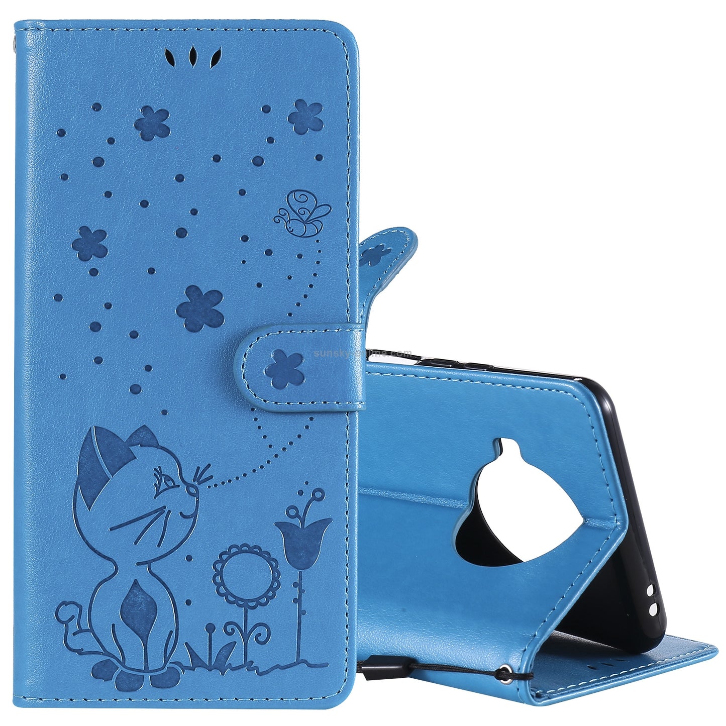 For Xiaomi 10T Lite 5G Cat and Bee Embossed Flip Leather Phone Case Wallet Cover with Card Slots Cash Pocket Magnetic Stand Protective Shockproof TPU PU Leather Case with Wrist Strap