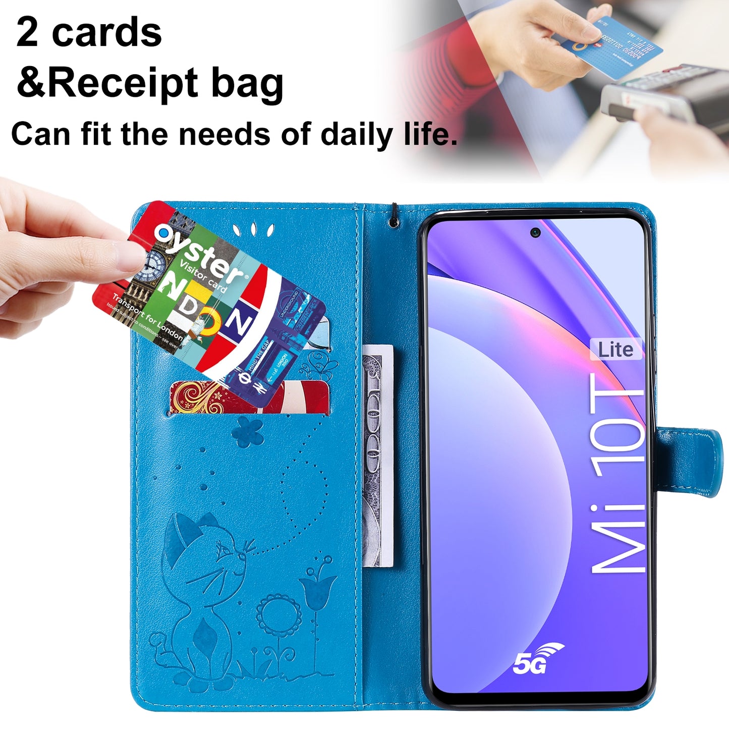 For Xiaomi 10T Lite 5G Cat and Bee Embossed Flip Leather Phone Case Wallet Cover with Card Slots Cash Pocket Magnetic Stand Protective Shockproof TPU PU Leather Case with Wrist Strap