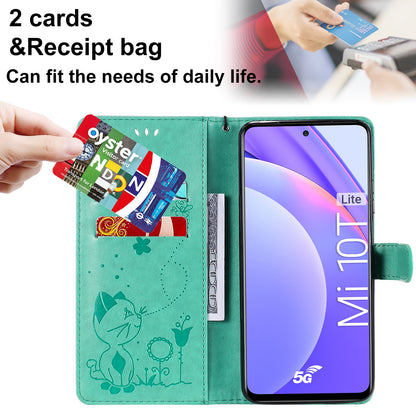 For Xiaomi 10T Lite 5G Cat and Bee Embossed Flip Leather Phone Case Wallet Cover with Card Slots Cash Pocket Magnetic Stand Protective Shockproof TPU PU Leather Case with Wrist Strap