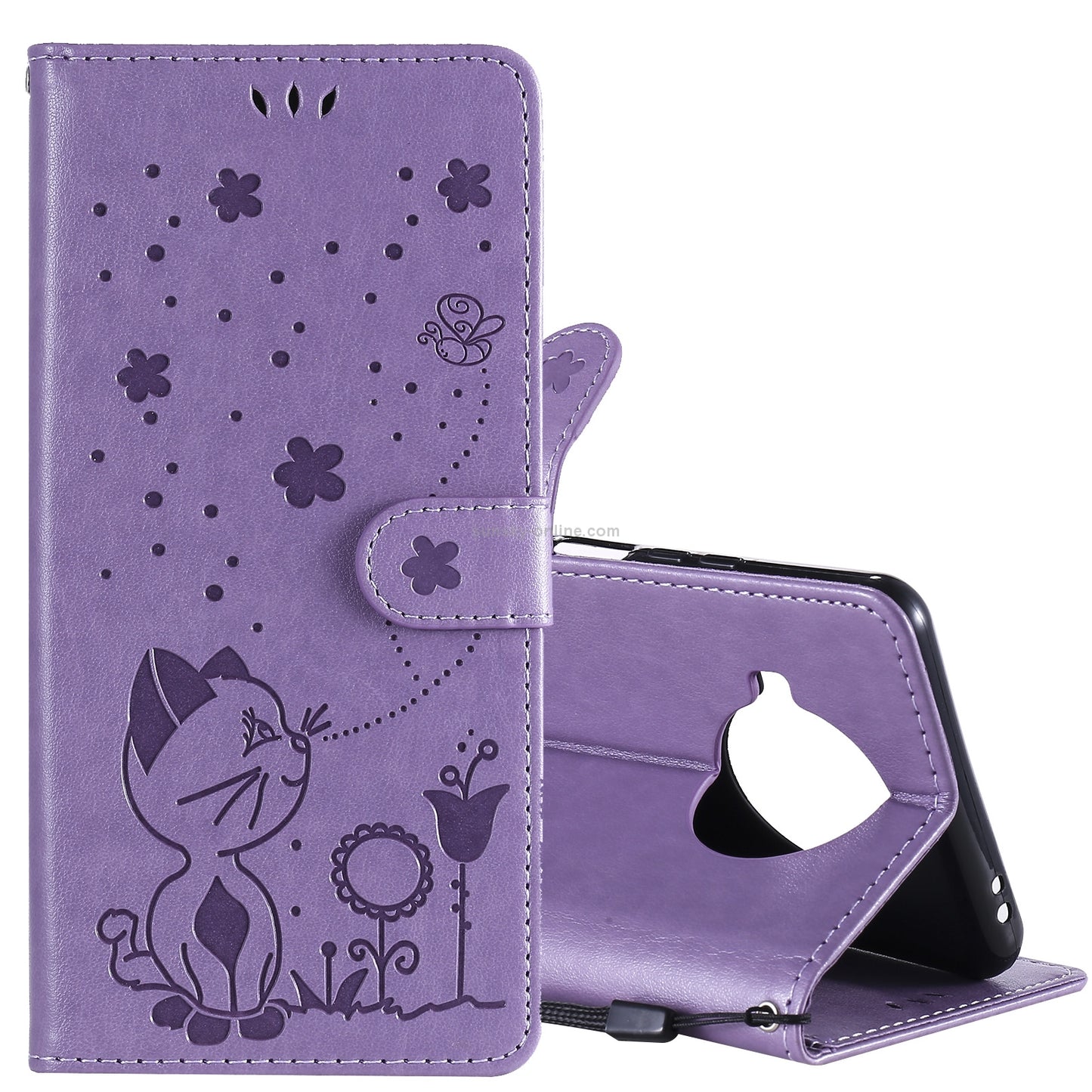 For Xiaomi 10T Lite 5G Cat and Bee Embossed Flip Leather Phone Case Wallet Cover with Card Slots Cash Pocket Magnetic Stand Protective Shockproof TPU PU Leather Case with Wrist Strap