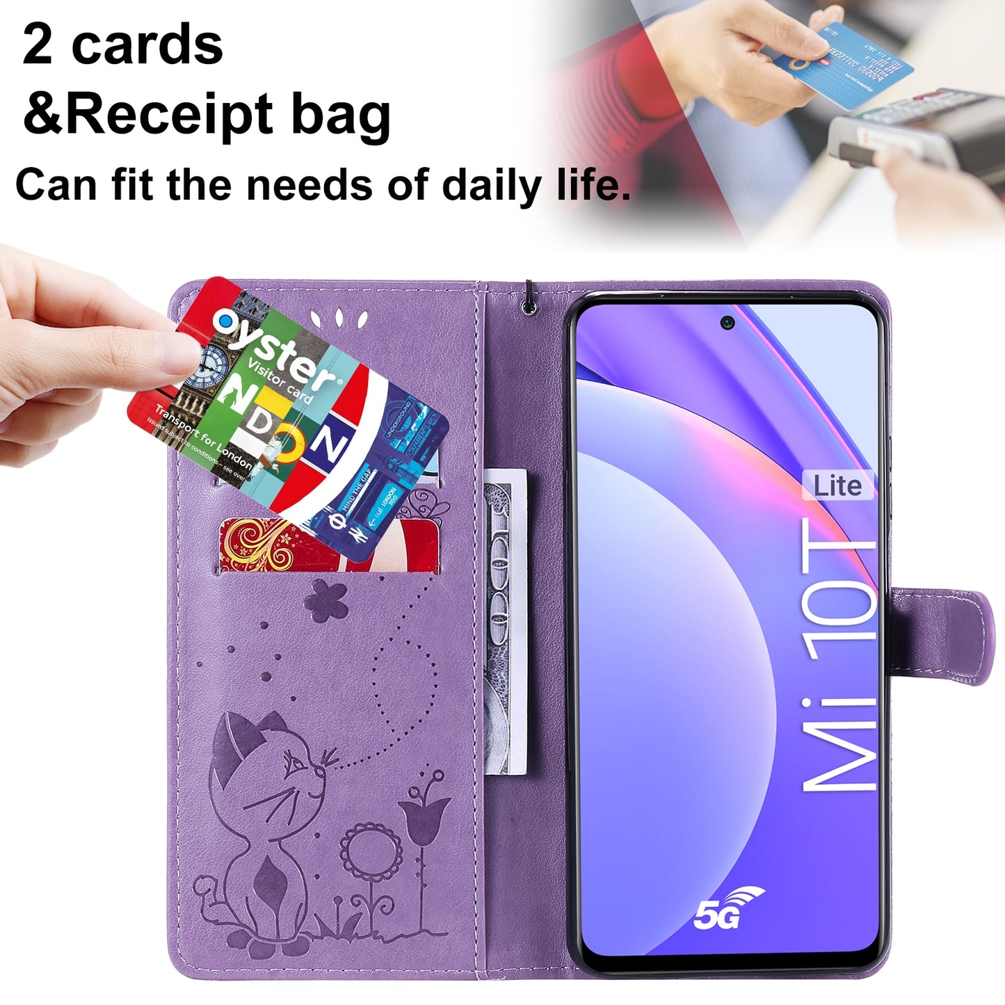 For Xiaomi 10T Lite 5G Cat and Bee Embossed Flip Leather Phone Case Wallet Cover with Card Slots Cash Pocket Magnetic Stand Protective Shockproof TPU PU Leather Case with Wrist Strap