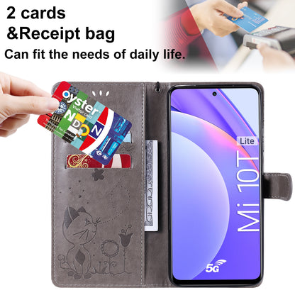 For Xiaomi 10T Lite 5G Cat and Bee Embossed Flip Leather Phone Case Wallet Cover with Card Slots Cash Pocket Magnetic Stand Protective Shockproof TPU PU Leather Case with Wrist Strap