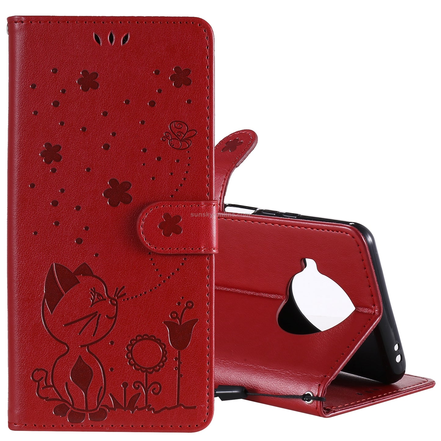 For Xiaomi 10T Lite 5G Cat and Bee Embossed Flip Leather Phone Case Wallet Cover with Card Slots Cash Pocket Magnetic Stand Protective Shockproof TPU PU Leather Case with Wrist Strap