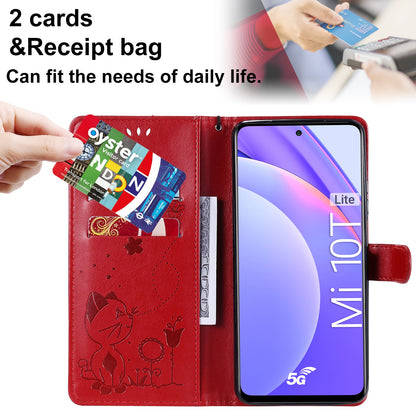For Xiaomi 10T Lite 5G Cat and Bee Embossed Flip Leather Phone Case Wallet Cover with Card Slots Cash Pocket Magnetic Stand Protective Shockproof TPU PU Leather Case with Wrist Strap