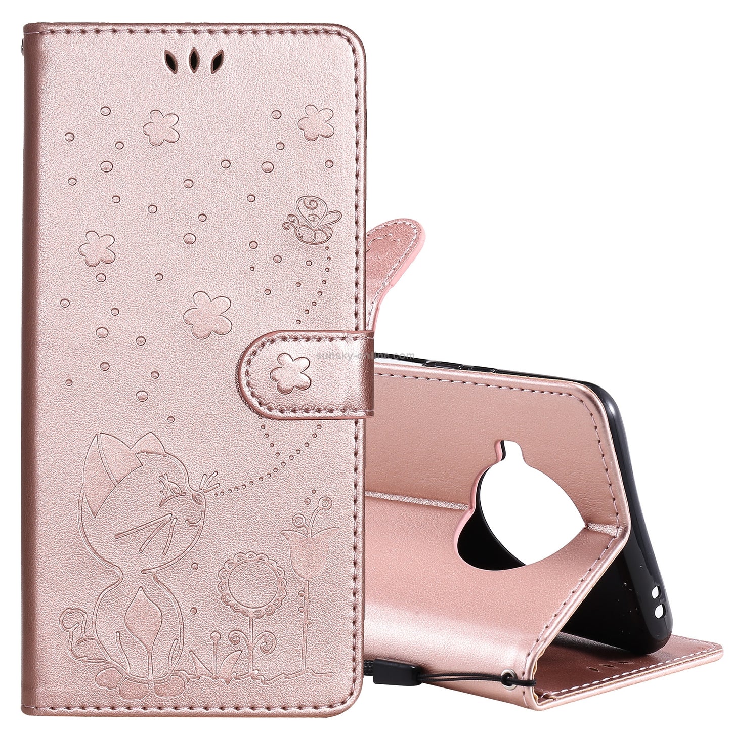 For Xiaomi 10T Lite 5G Cat and Bee Embossed Flip Leather Phone Case Wallet Cover with Card Slots Cash Pocket Magnetic Stand Protective Shockproof TPU PU Leather Case with Wrist Strap