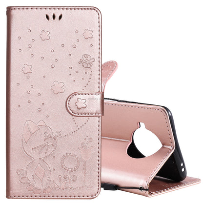 For Xiaomi 10T Lite 5G Cat and Bee Embossed Flip Leather Phone Case Wallet Cover with Card Slots Cash Pocket Magnetic Stand Protective Shockproof TPU PU Leather Case with Wrist Strap