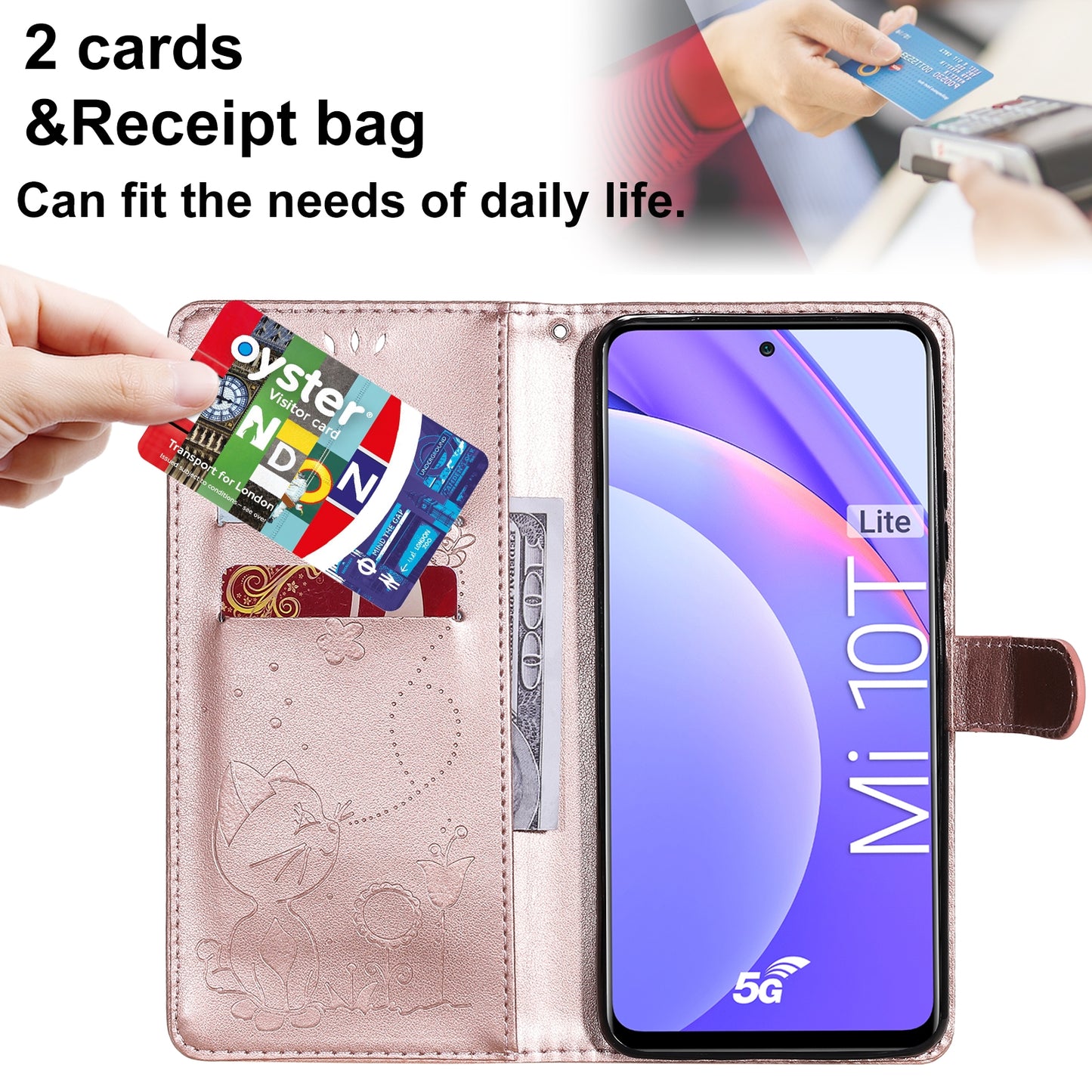 For Xiaomi 10T Lite 5G Cat and Bee Embossed Flip Leather Phone Case Wallet Cover with Card Slots Cash Pocket Magnetic Stand Protective Shockproof TPU PU Leather Case with Wrist Strap