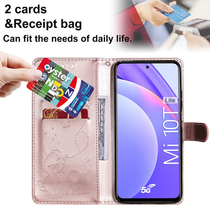 For Xiaomi 10T Lite 5G Cat and Bee Embossed Flip Leather Phone Case Wallet Cover with Card Slots Cash Pocket Magnetic Stand Protective Shockproof TPU PU Leather Case with Wrist Strap