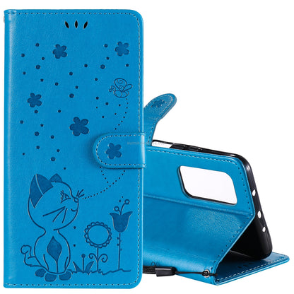 For Xiaomi 10T Pro 5G Cat and Bee Embossed Flip Leather Phone Case Wallet Cover with Card Slots Cash Pocket Magnetic Stand Protective Shockproof TPU PU Leather Case with Wrist Strap