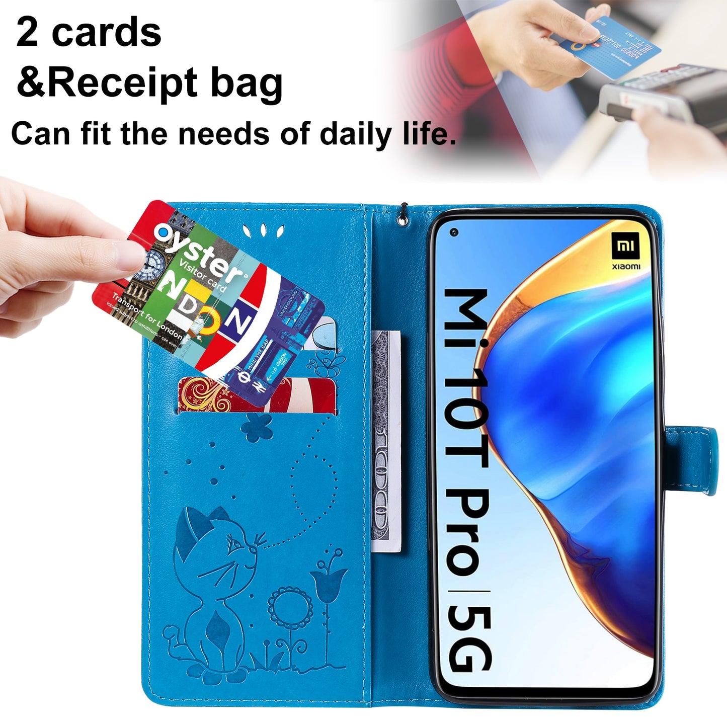 For Xiaomi 10T Pro 5G Cat and Bee Embossed Flip Leather Phone Case Wallet Cover with Card Slots Cash Pocket Magnetic Stand Protective Shockproof TPU PU Leather Case with Wrist Strap