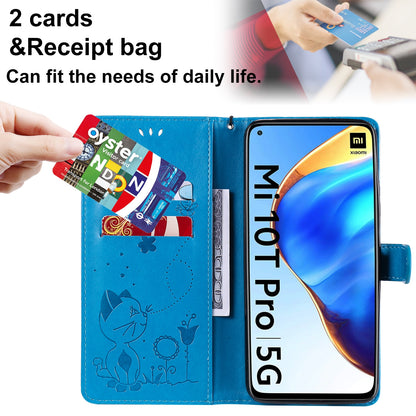For Xiaomi 10T Pro 5G Cat and Bee Embossed Flip Leather Phone Case Wallet Cover with Card Slots Cash Pocket Magnetic Stand Protective Shockproof TPU PU Leather Case with Wrist Strap