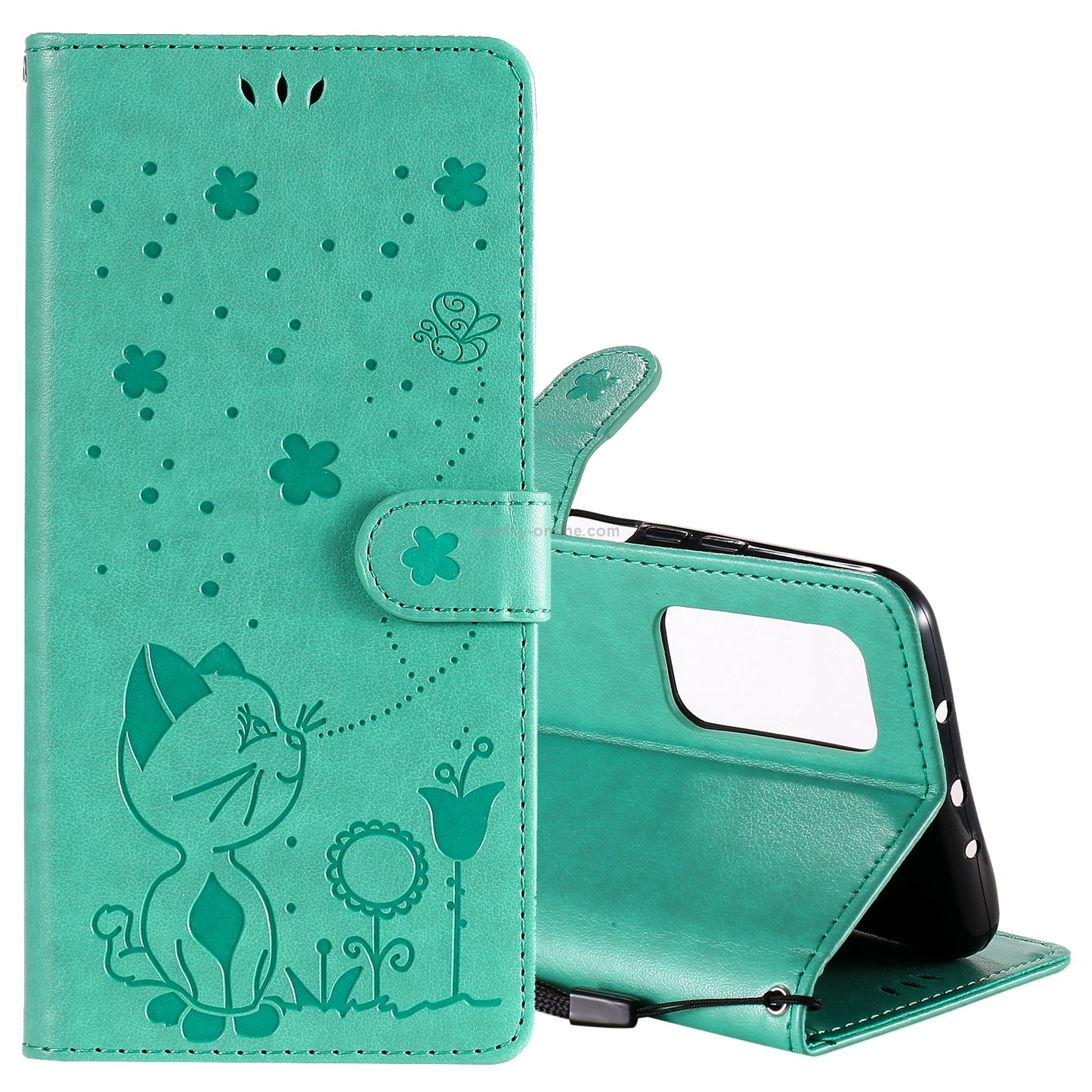 For Xiaomi 10T Pro 5G Cat and Bee Embossed Flip Leather Phone Case Wallet Cover with Card Slots Cash Pocket Magnetic Stand Protective Shockproof TPU PU Leather Case with Wrist Strap
