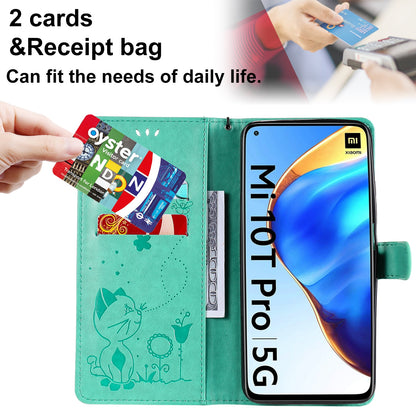 For Xiaomi 10T Pro 5G Cat and Bee Embossed Flip Leather Phone Case Wallet Cover with Card Slots Cash Pocket Magnetic Stand Protective Shockproof TPU PU Leather Case with Wrist Strap