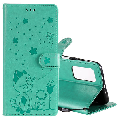 For Xiaomi 10T 5G Cat and Bee Embossed Flip Leather Phone Case Wallet Cover with Card Slots Cash Pocket Magnetic Stand Protective Shockproof TPU PU Leather Case with Wrist Strap