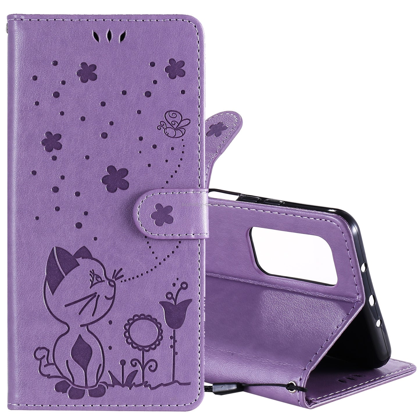 For Xiaomi 10T Pro 5G Cat and Bee Embossed Flip Leather Phone Case Wallet Cover with Card Slots Cash Pocket Magnetic Stand Protective Shockproof TPU PU Leather Case with Wrist Strap