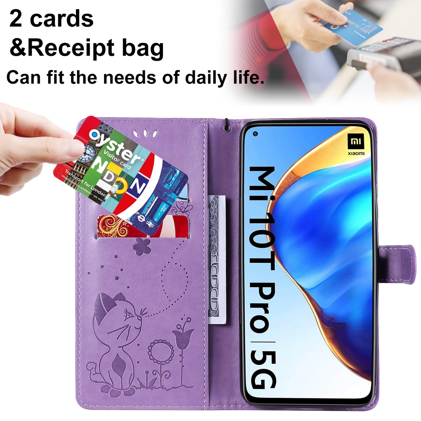 For Xiaomi 10T 5G Cat and Bee Embossed Flip Leather Phone Case Wallet Cover with Card Slots Cash Pocket Magnetic Stand Protective Shockproof TPU PU Leather Case with Wrist Strap