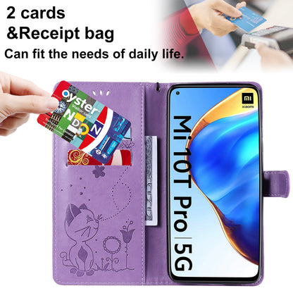 For Xiaomi 10T 5G Cat and Bee Embossed Flip Leather Phone Case Wallet Cover with Card Slots Cash Pocket Magnetic Stand Protective Shockproof TPU PU Leather Case with Wrist Strap