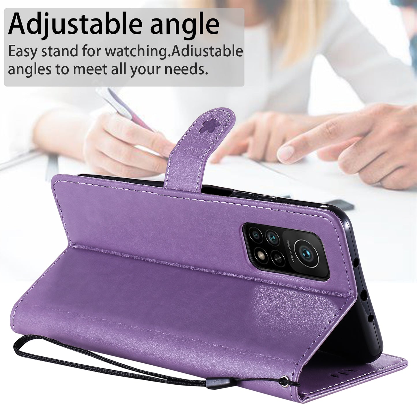 For Xiaomi 10T 5G Cat and Bee Embossed Flip Leather Phone Case Wallet Cover with Card Slots Cash Pocket Magnetic Stand Protective Shockproof TPU PU Leather Case with Wrist Strap