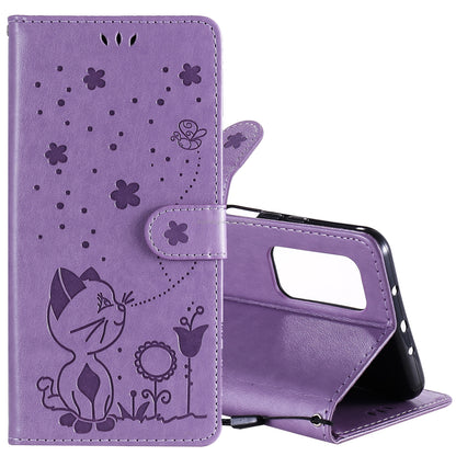 For Xiaomi 10T 5G Cat and Bee Embossed Flip Leather Phone Case Wallet Cover with Card Slots Cash Pocket Magnetic Stand Protective Shockproof TPU PU Leather Case with Wrist Strap
