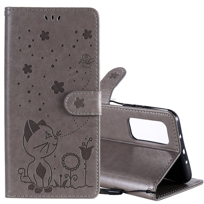For Xiaomi 10T Pro 5G Cat and Bee Embossed Flip Leather Phone Case Wallet Cover with Card Slots Cash Pocket Magnetic Stand Protective Shockproof TPU PU Leather Case with Wrist Strap