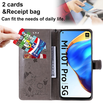 For Xiaomi 10T Pro 5G Cat and Bee Embossed Flip Leather Phone Case Wallet Cover with Card Slots Cash Pocket Magnetic Stand Protective Shockproof TPU PU Leather Case with Wrist Strap